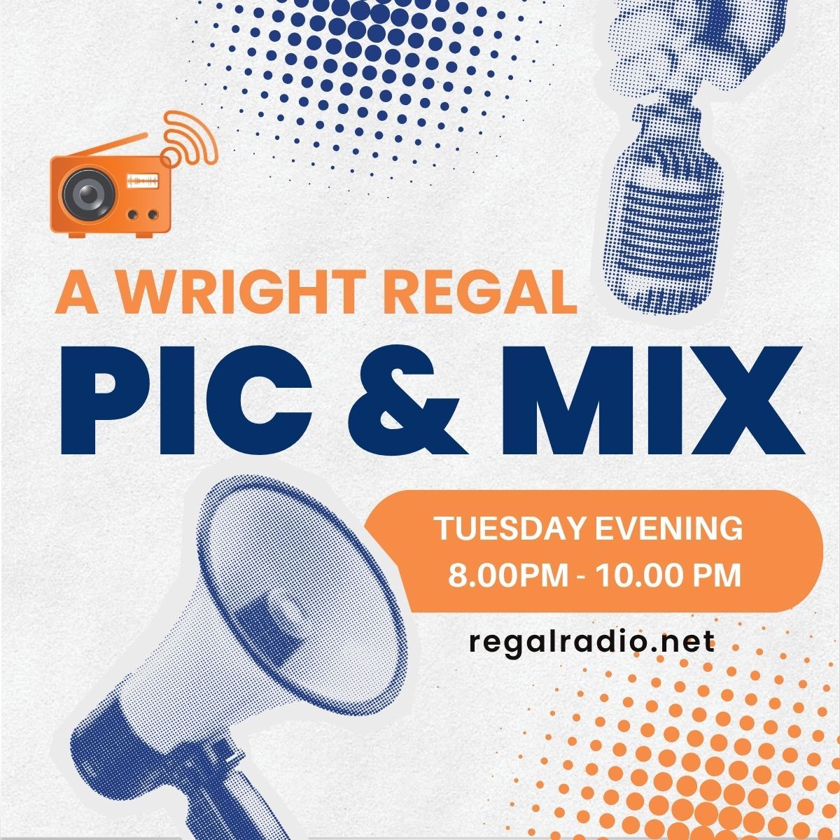 A Wright Regal Pic in Box with a blue and orange megaphone and retro mic