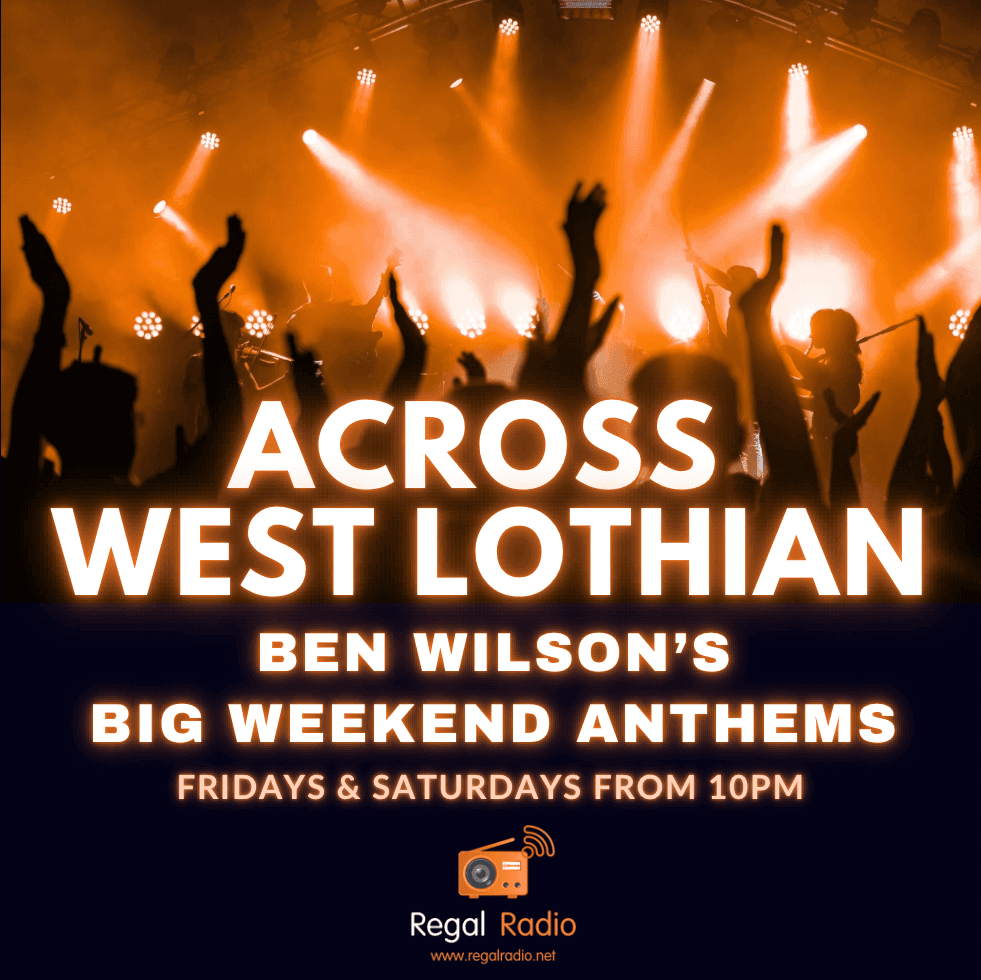 A crowd has their hands in the air in front of a big stage, overlaid with 