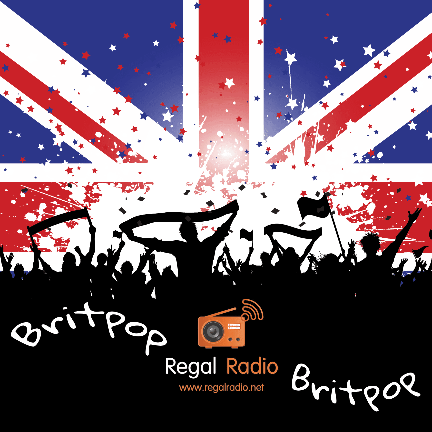 A silhouetted festival crowd on a Union Jack background