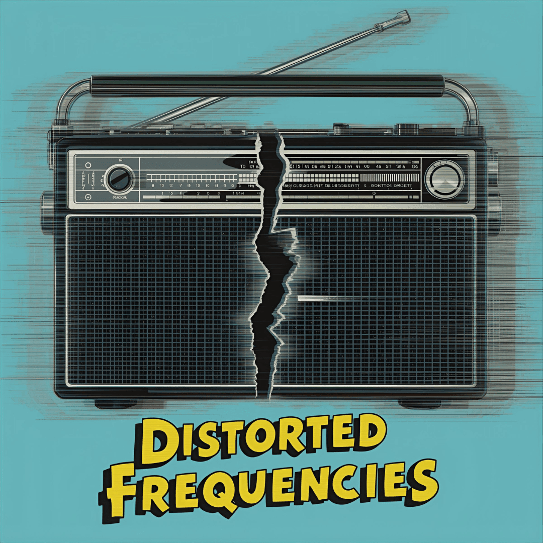 A distorted image of a classic radio with a crack in the midde