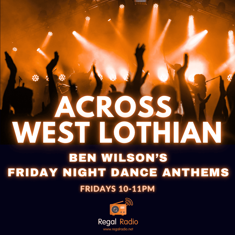 A crowd of hands in the air. Overlaid: Across West Lothian Ben Wilson's Friday Night Dance Anthems