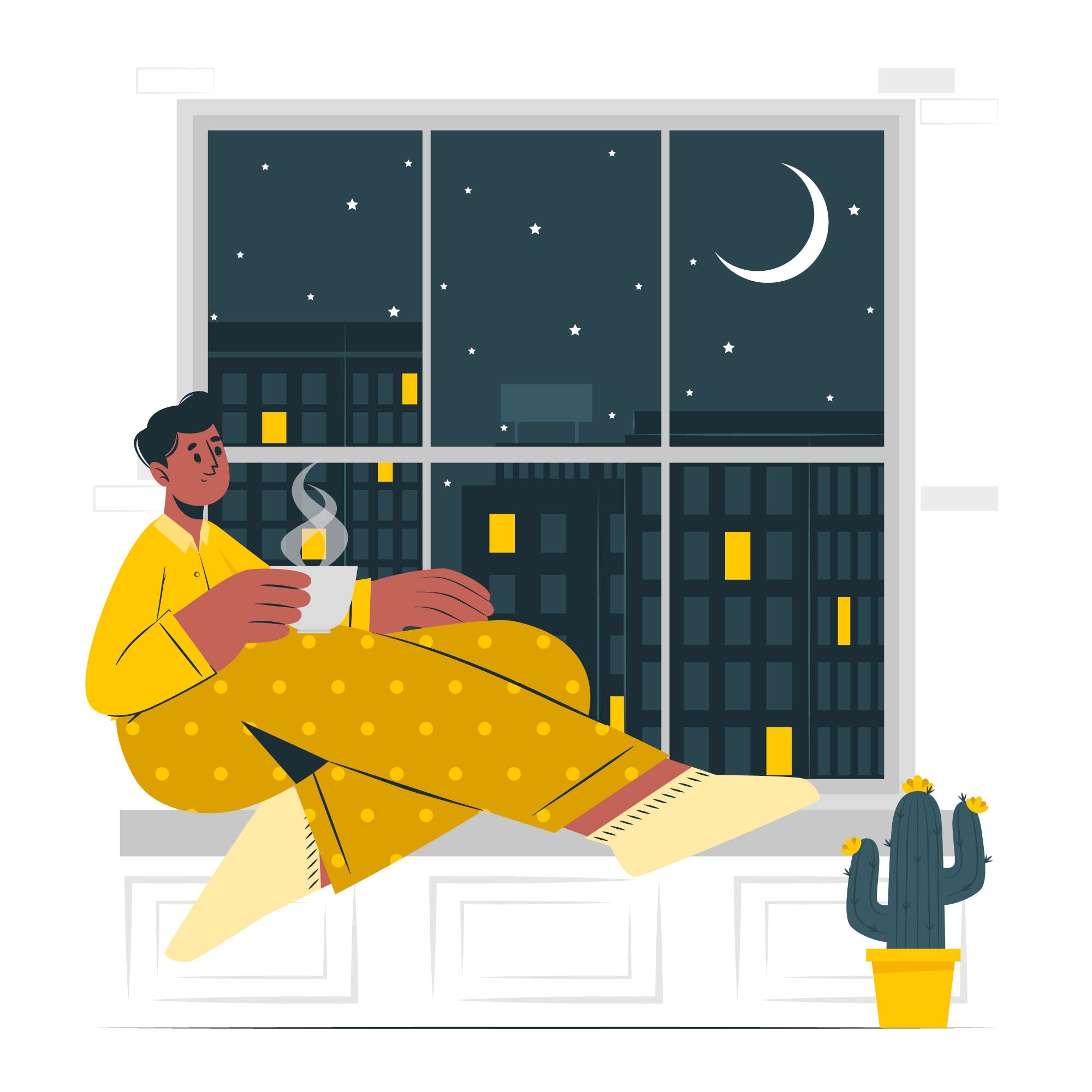 A cartoon person sits on the windowsill with a steaming hot mug of tea. A starry sky and the moon are outside.