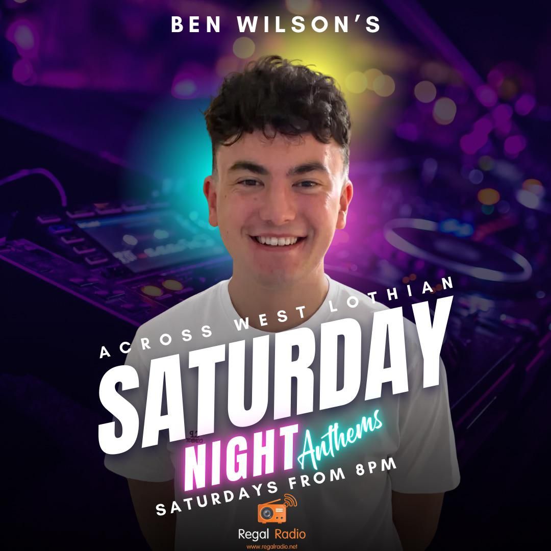 Ben smiles at the camera on a glowing background of DJ decks