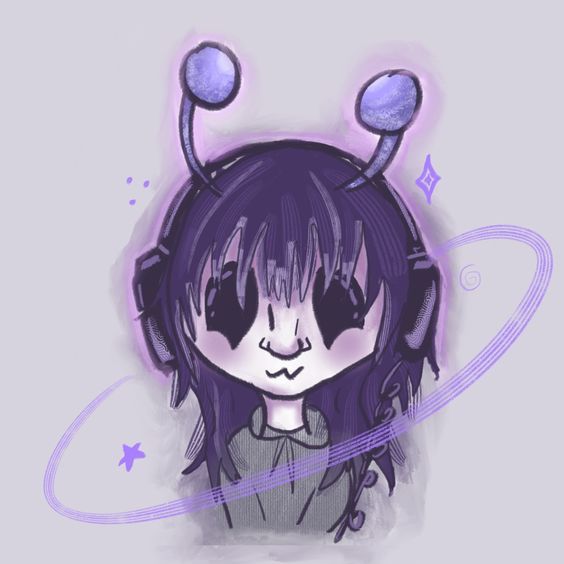 A hand-drawn purple character with antennae is surrounded by a planetary ring and stars.