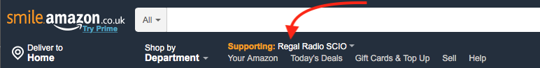 The Amazon Smile website navigation bar, with 'Supporting: Regal Radio SCIO' highlighted.